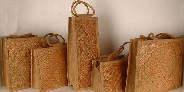 Lot of Five Cane and Jute Bags