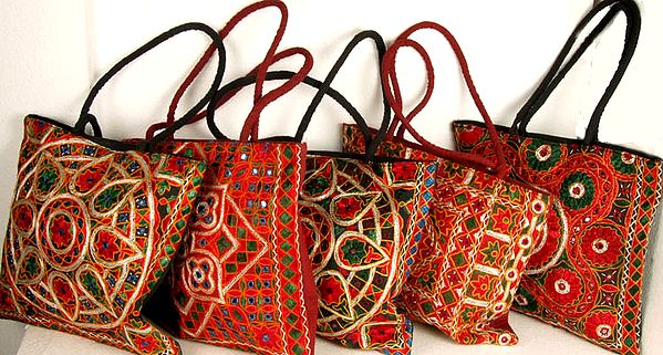 Lot of Five Densely Embroidered Handbags with Mirrors