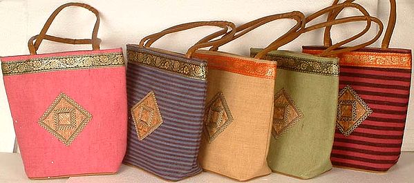 Lot of Five Double Handle Bags with Zari Border