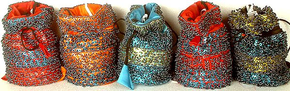 Lot of Five Drawstring Bags with Beads and Sequins