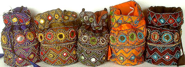 Lot of Five Drawstring Bags with Mirrors and Threadwork