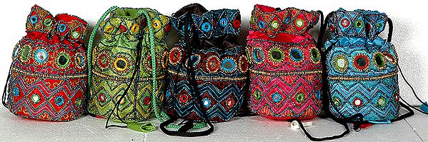 Lot of Five Drawstring Bags with Mirrors and Threadwork