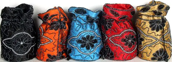 Lot of Five Drawstring Potli Bags with Beadwork