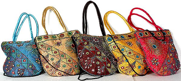 Lot of Five Floral Handbags with Beads and Mirrors