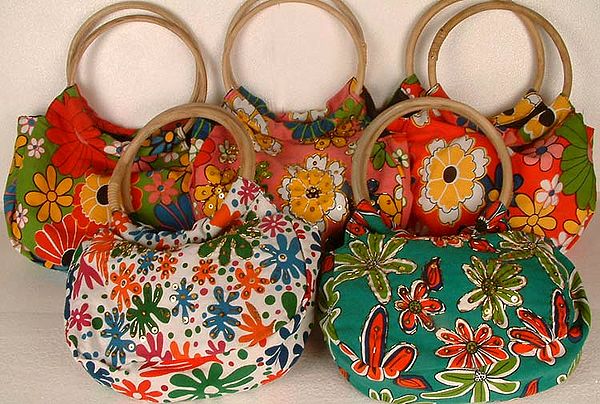 Lot of Five Floral Printed Bags with Sequins