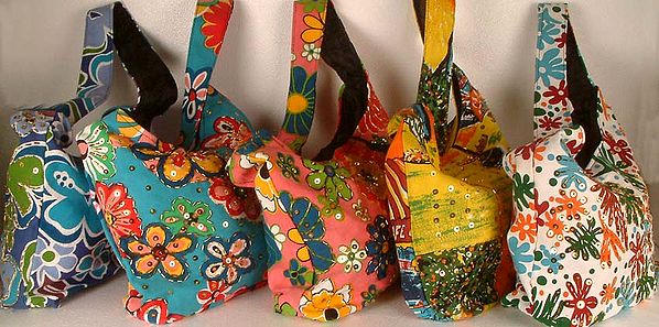 Lot of Five Floral Printed Bags with Sequins