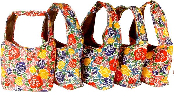 Lot of Five Floral Printed Jute Bags