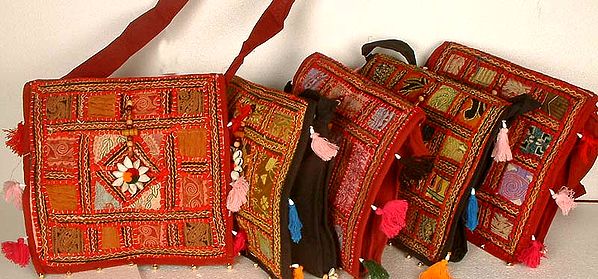 Lot of Five Gujarati Bags with Threadwork and Shells