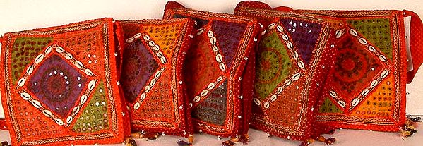 Lot of Five Gujarati Bags with Threadwork and Shells