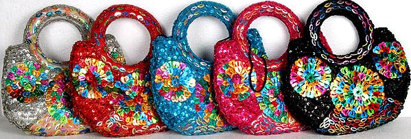 Lot of Five Handbags with Beads and Sequins Embroidered as Flowers