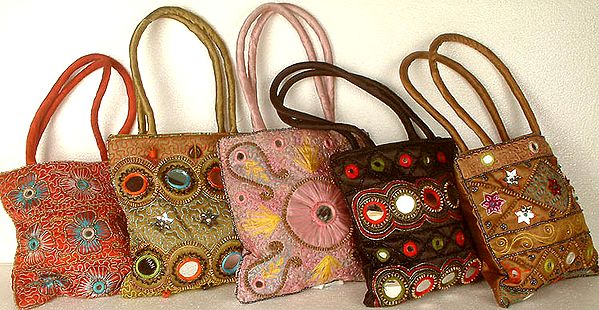 Lot of Five Handbags with Mirrors and Threadwork