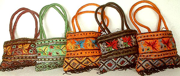Lot of Five Handbags with Threadwork and Beads