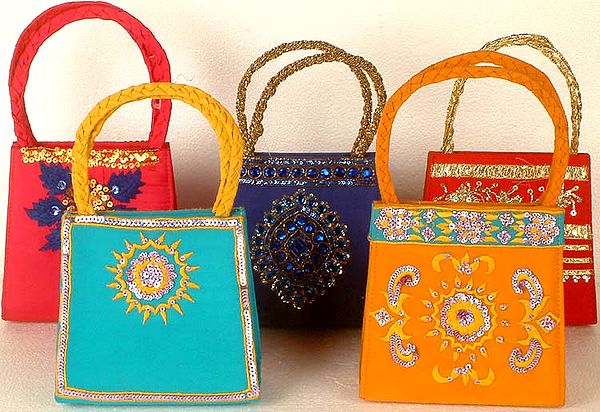 Lot of Five Handbags with Threadwork and Sequins