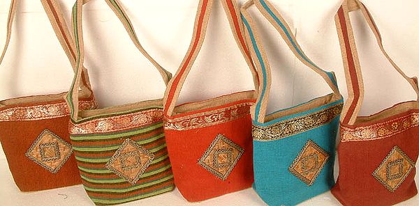 Lot of Five Jute Bags with Applique and Zari Border