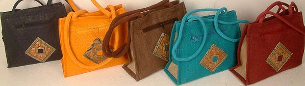 Lot of Five Jute Bags with Applique Work
