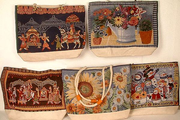 Lot of Five Jute Bags with Designs in Weave