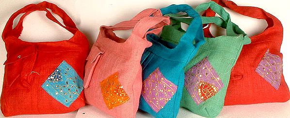 Lot of Five Jute Bags with Patchwork and Front Pocket
