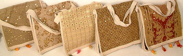 Lot of Five Jute Bags with Sequins and Beads