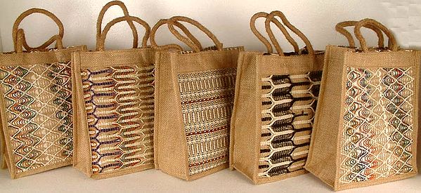 Lot of Five Jute Bags with Threadwork
