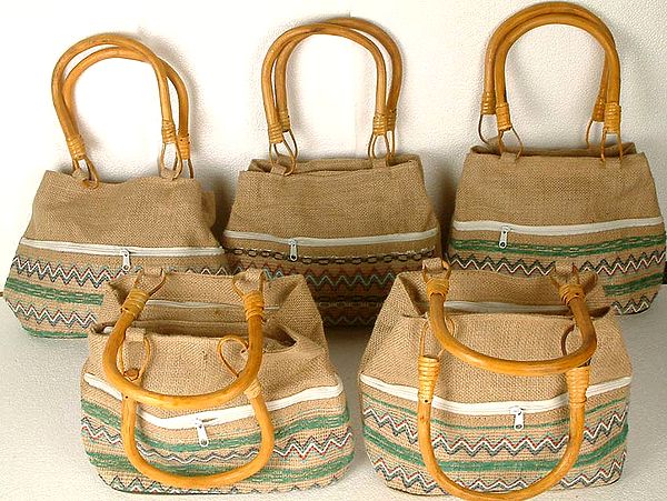 Lot of Five Jute Bags with Wooden Handles and Threadwork