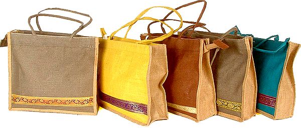 Lot of Five Jute Shopper Bags with Zari Border