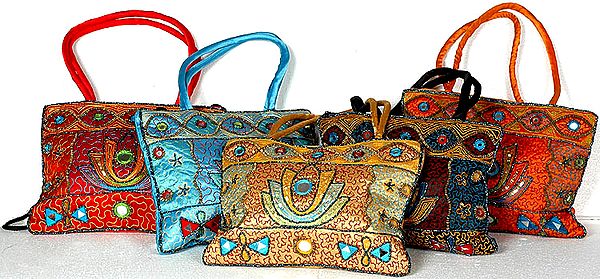 Lot of Five Lotus Handbags with Threadwork and Mirrors