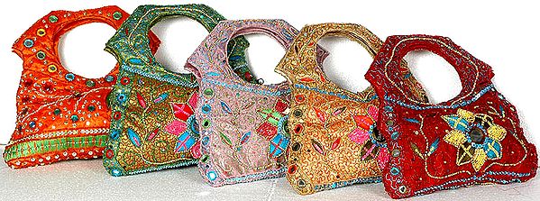 Lot of Five Luggage Handle Bags with Beads and Mirrors
