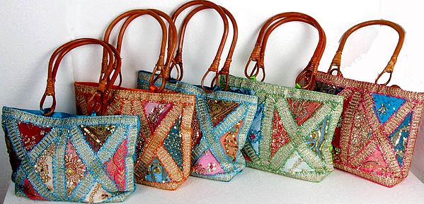 Lot of Five Sequinned Handbags with Gota Work and Wooden Handles