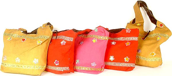 Lot of Five Shoulder Bags with Floral Motifs and Gota Work