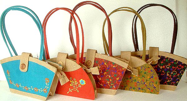 Lot of Five Structured Handbags with Designs in Weave