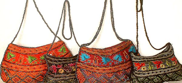 Lot of Four Boat-Shaped Shoulder Bags with Beads and Threadwork