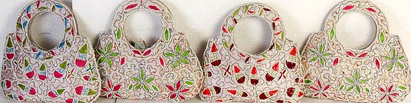 Lot of Four White Handbags with Multi-Color Floral Embroidery and Beads