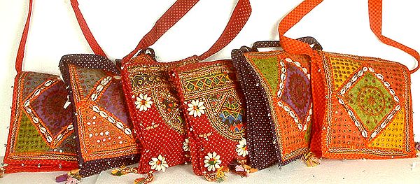 Lot of Six Gujarati Bags with Threadwork and Shells