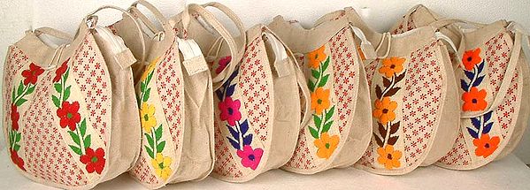 Lot of Six Jute Bags with Floral Print