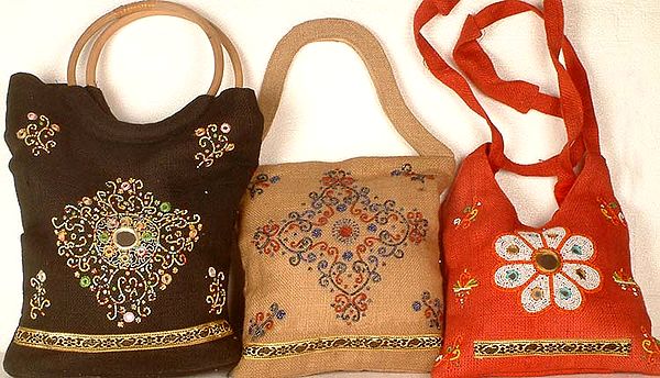 Lot of Three Jute Bags with Beadwork