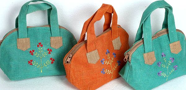 Lot of Three Jute Bags with Floral Embroidery