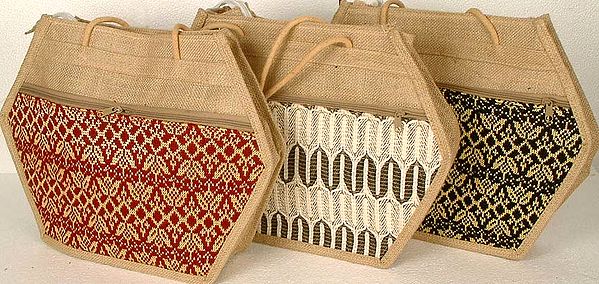 Lot of Three Jute Bags with Threadwork