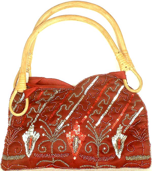 Maroon Handbag with Wood Handles and Sequins