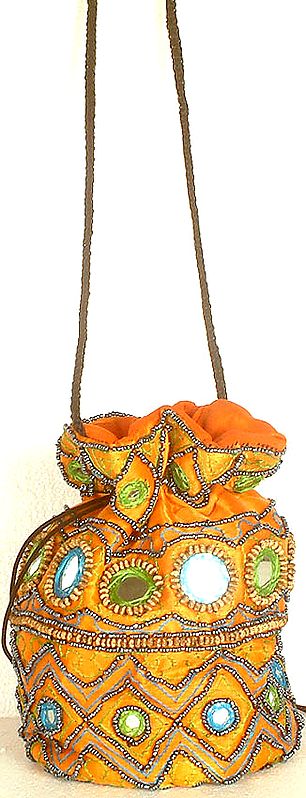 Orange Drawstring Bag with Mirrors and Threadwork