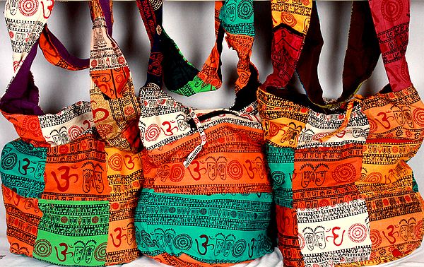 Lot of Three Tri-Color Om Shoulder Patchwork Bags with Printed Auspicious Motifs