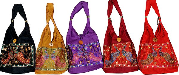 Lot of Five Shoulder Bags with Mirrors and Embroidered Peacocks
