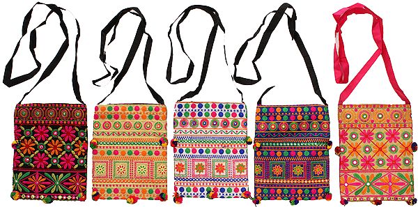 Multicolored Lot of Five Embroidered Shoulder Bags with Mirrors