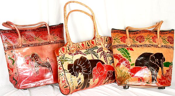 Assorted Lot of Three Double Handle Shantiniketan Bags with Printed Figures