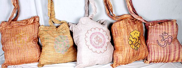 Lot of Five Khadi Jhola Bags with Embroidered Om and Ganesha