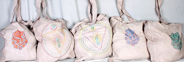 Lot of Five Khadi Jhola Bags with Embroidered Hindu Symbols