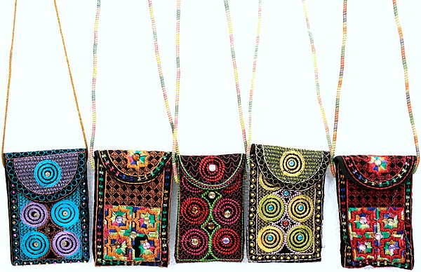 Lot of Five Sindhi Embroidered Mobile Bags from Kutch
