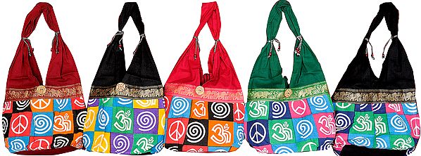 Lot of Five Jhola Bags with Printed Motifs of Peace and Om