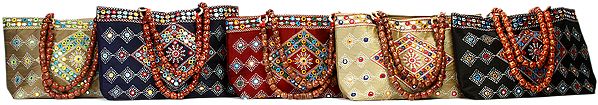 Lot of Five Mirrored Handbags from Kutch with Beaded Handles
