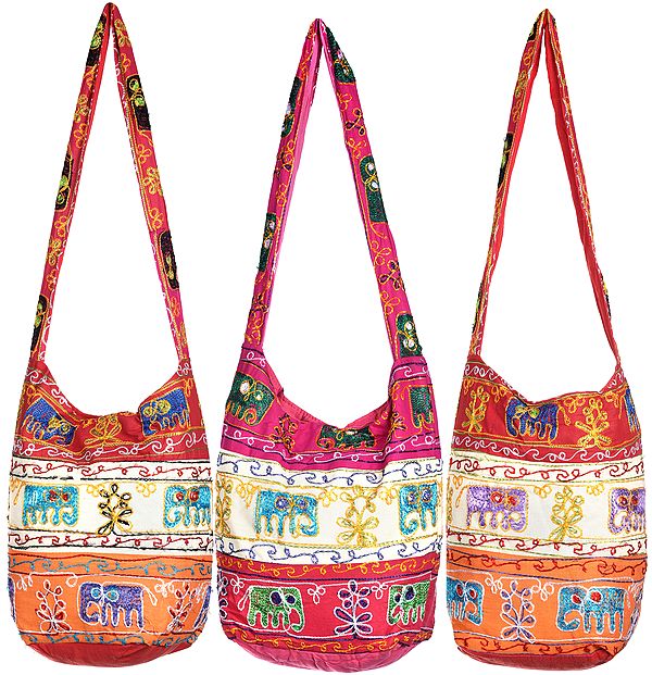Lot of Three Jhola Bags with Crewel-Embroidery and Elephants