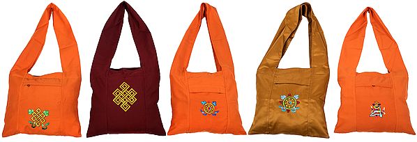 Lot of Five Nepalese Jhola Bags with Embroidery in Multi-Colored Thread